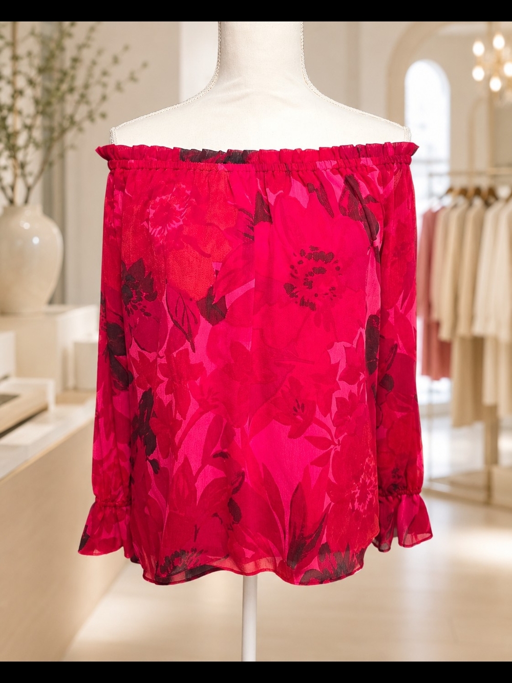 CeCe Fuchsia Floral Off-Shoulder Blouse, Size M - Picture 3 of 9